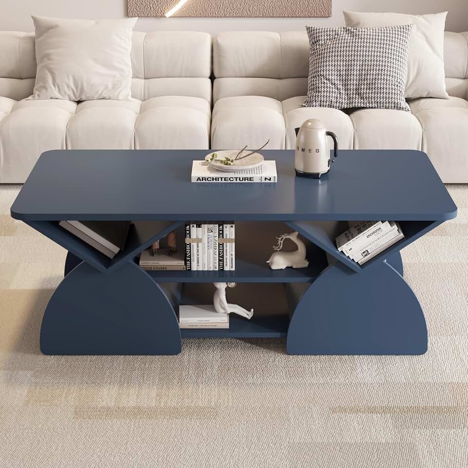 GDFStudio 47" Rectangle Coffee Table, Mid Century Modern Coffee Tables with Open Shelves & Sturdy Frame, Rounded Corners, Geometric Design, Engineered Wood Center Table for Living Room, Blue