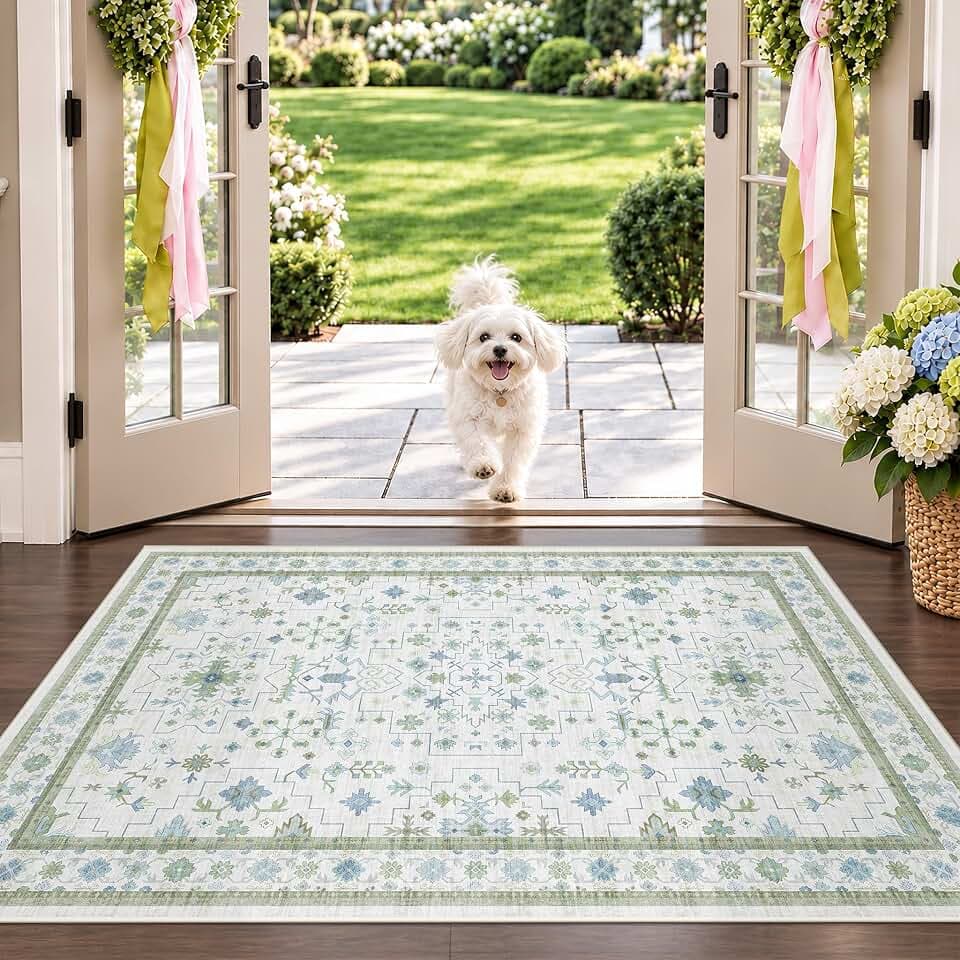 Blue and Green Washable Entryway Rugs 3x5 - Vintage Boho Floral Pastel Cream, Washable Low Pile Non Slip Small Throw Accent Area Rug for Door Mat Indoor Entrance, Kitchen, Bedroom Beside Bed Decor