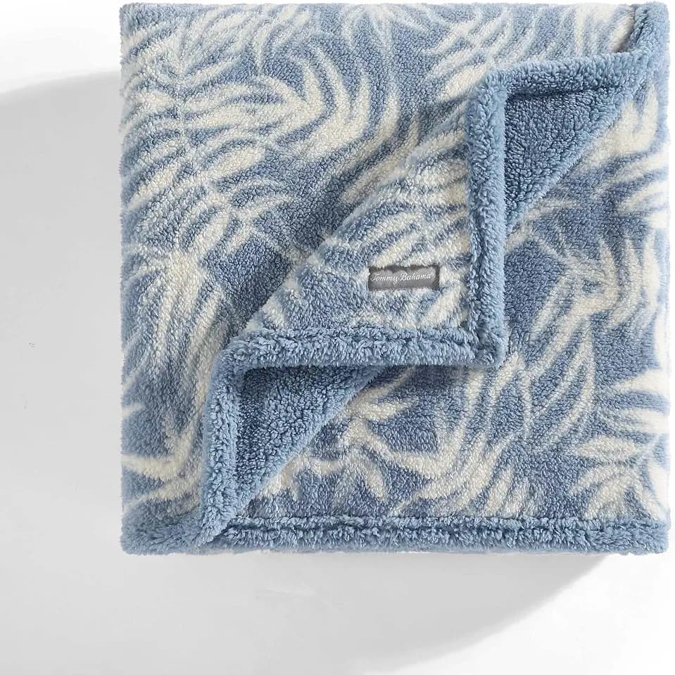 Tommy Bahama - Reversible Plush Sherpa Throw Blanket, 50 x 70, Ultra Soft Blanket for Blanket for Bed & Couch, Art of Palms Blue