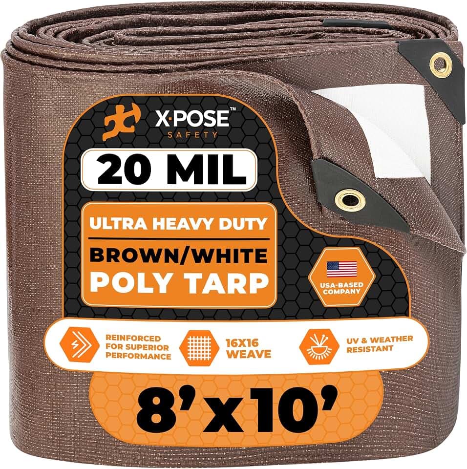 Xpose Safety 8' x 10' Brown/White Ultra Heavy Duty Tarp - 20 Mil - Heavy Duty Waterproof - Extra Large, Waterproof Tarp Cover Rain Camping,Tent Tarp,UV Protection,Reinforced Corners