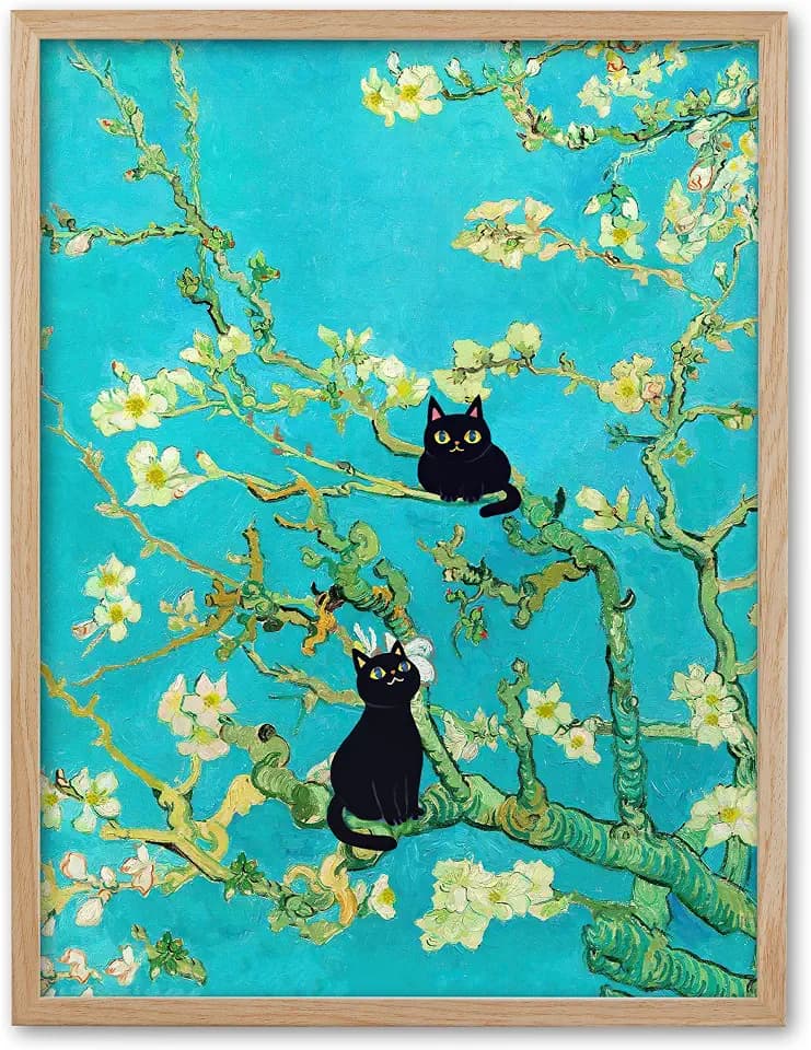 UPWOIGH Van Gogh Inspired Black Cat Framed Wall Art, 12 x 16 Inch