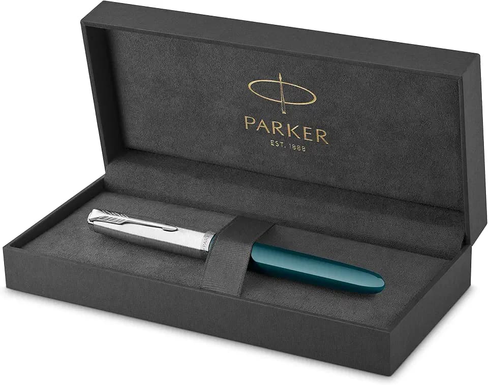 Parker 51 Fountain Pen Teal Blue Barrel with Chrome Trim Fine Nib with Black Ink Cartridge Gift Box