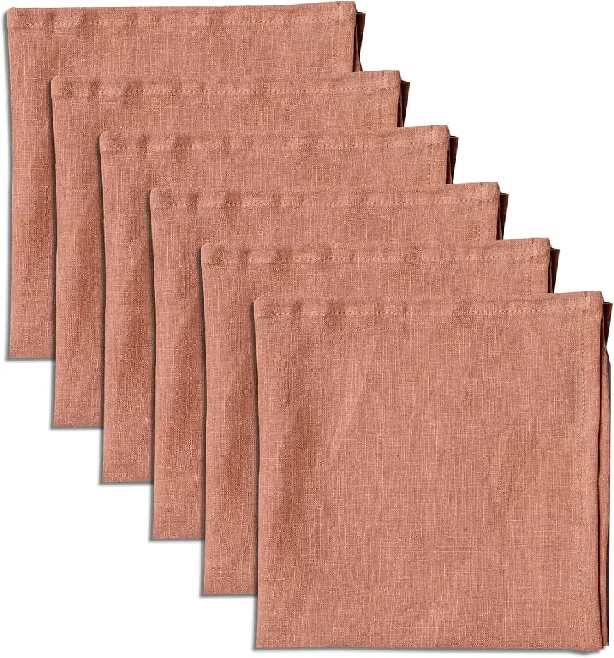 100% Pure Linen Dinner Cloth Napkins 15 x 15 Inch Dusty Pink - Set of 6 Pack European Flax Natural Fabric Washable for Home and Kitchen