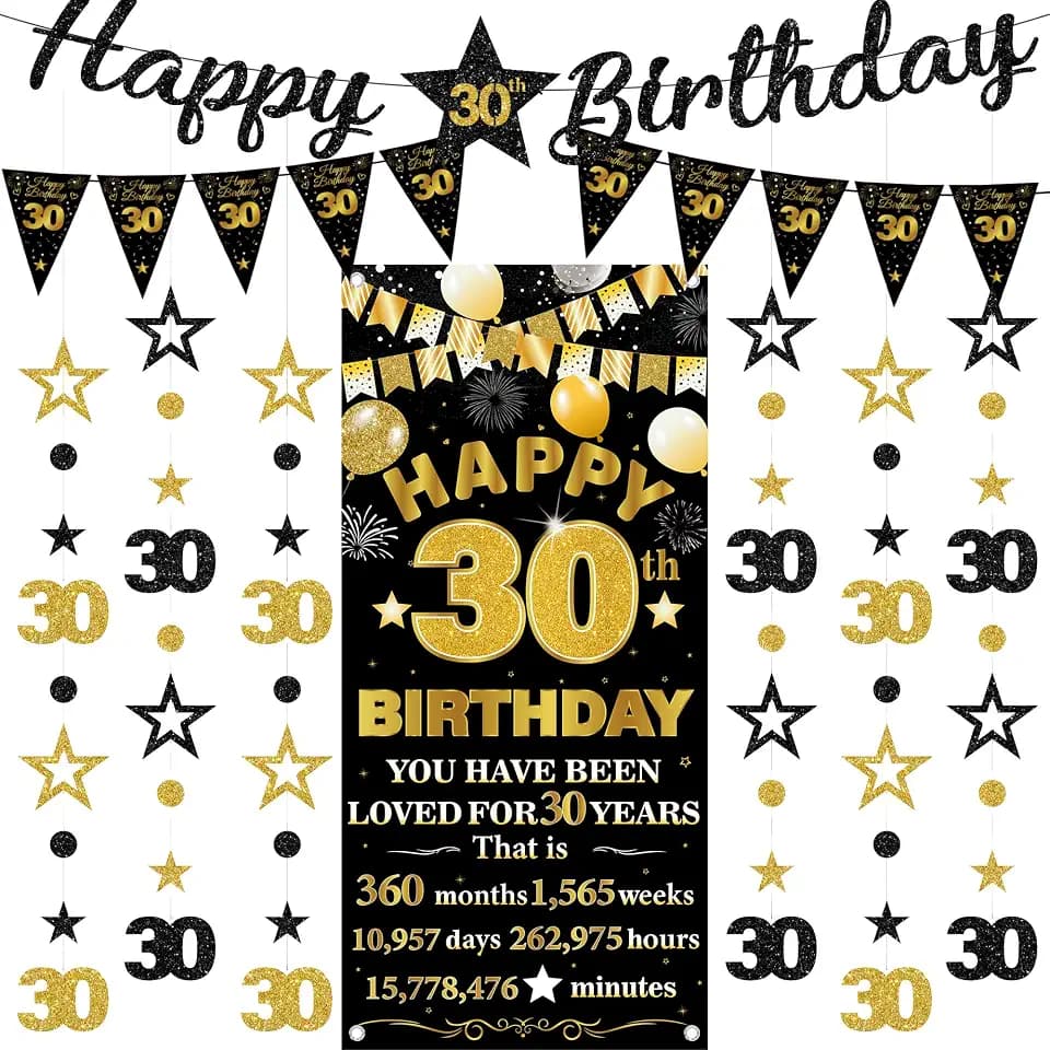 30th Birthday Decorations Banner Him - 9 Pcs Black Gold Happy 30th Bday Backdrop Twinkle Number 30 Star Dot Hanging Garland Streamers Pennant Party Supplies for Men Women Her Thirty Year Old Decor