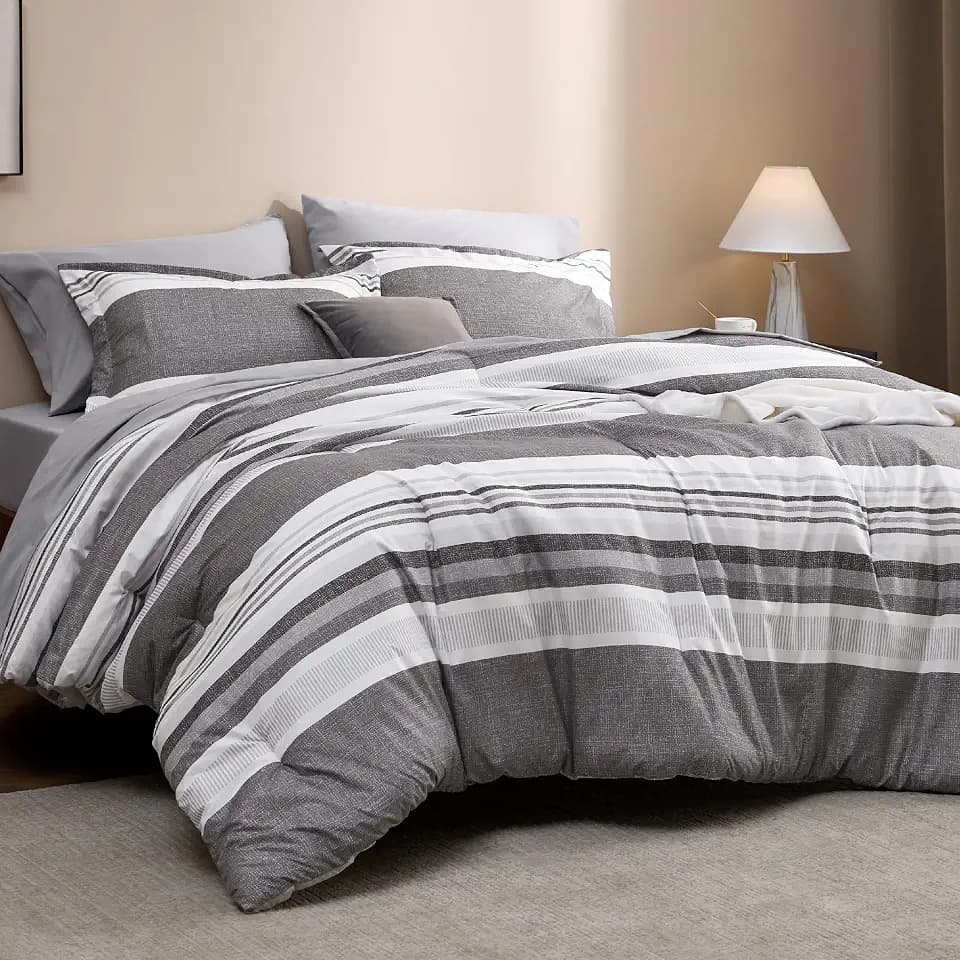 Bedsure Full Comforter Set 7 Pc, Frost Grey Striped, Reversible, All-Season