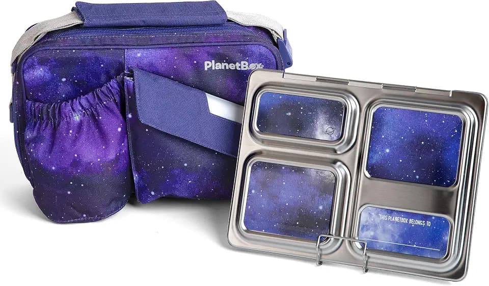 PlanetBox Launch Stainless Steel Bento Box Style Lunch Box Kit for Kids and Teens with 3 Compartments – Stardust Edition includes Insulated Lunch Bag, Leakproof Food Containers and Matching Magnets