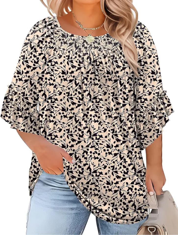 Micoson Womens Plus Size Tops 3/4 Ruffle Sleeve Crewneck Pleated Shirts