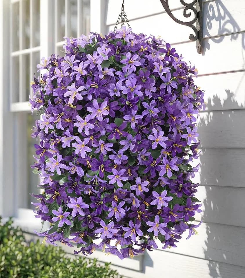 Hoppwodd Artificial Flower for Outdoors 4pcs Fake Lily Hanging Flower Baskets for Outside UV Resistant Silk Faux Long Trailing Vines for Garden Porch Patio, Purple & Light Purple