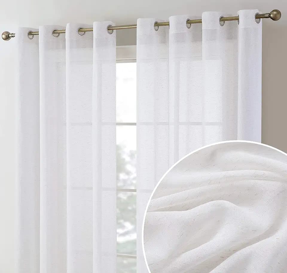 HLC.ME Sierra Burlap Flax Linen Semi Sheer Privacy Sun Light Filtering Transparent Window Grommet Short Thick Curtains Drapery Panels for Kitchen & Bathroom, 2 Panels (54 W x 63 L, White)