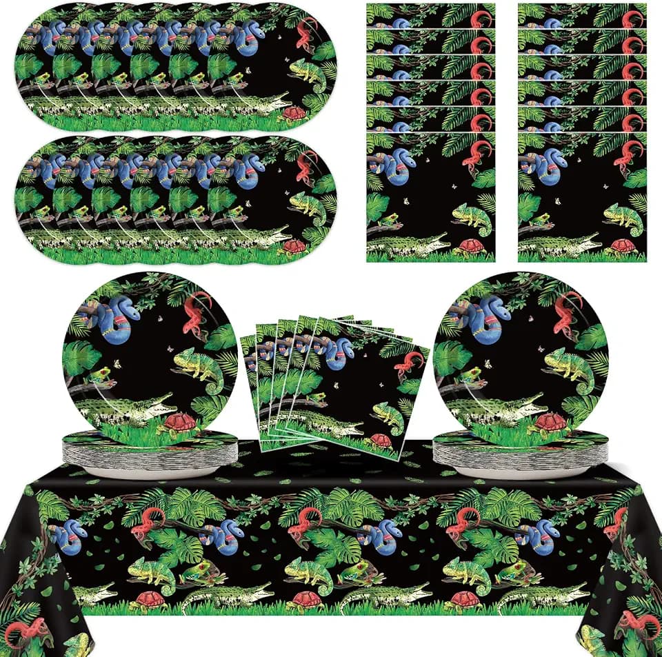 Reptile Snake Birthday Party Supplies Serves 24 Lizard Party Paper Plates Napkins Jungle Swamp Snake Tablecloth Tableware Kit for Baby Shower Decorations Kids Boys Girls