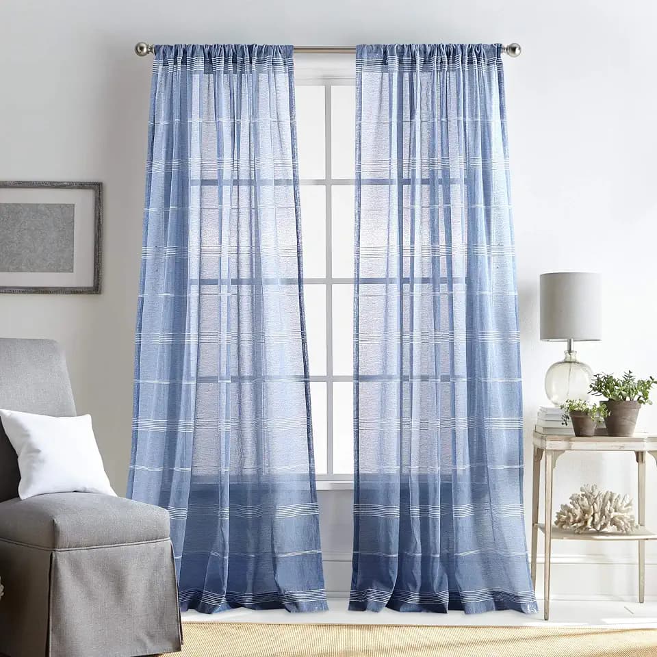 Martha Stewart Delicate Stripe Sheer Curtains, 50 x 95 in, Blue, 2 Panels