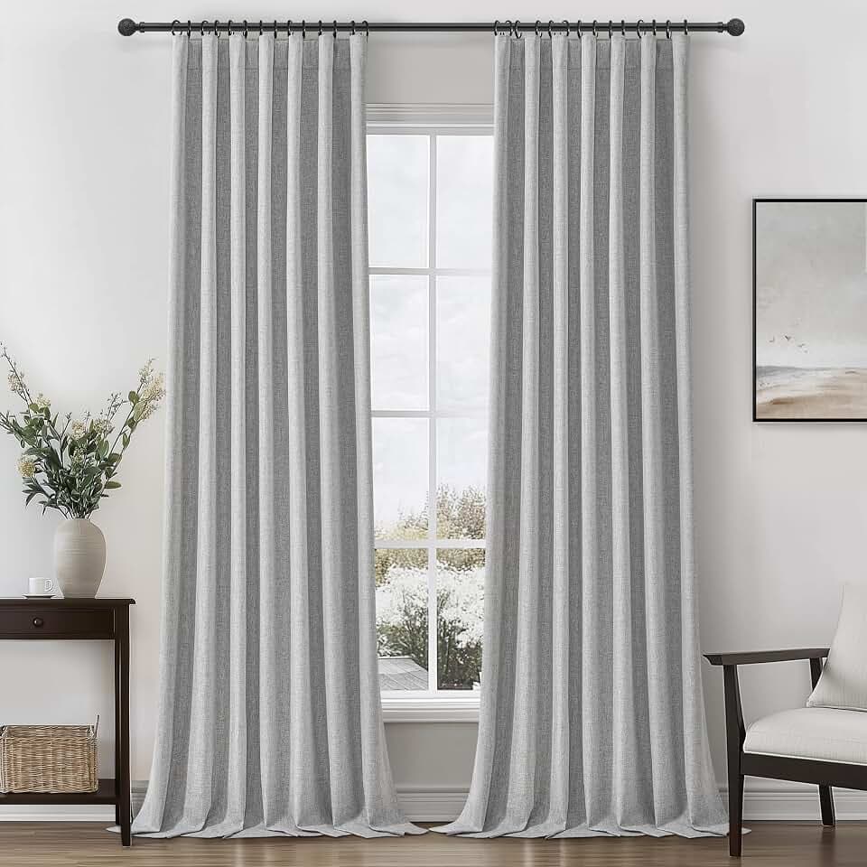 Gray 100% Black Out Linen Curtains 120 Inches Long 2 Panels Set for Kids Boys Room, Country Farmhouse Pleated Ceiling Track Curtain with Rod Pocket Window Drapes Heavy Thermal Privacy for Nursery