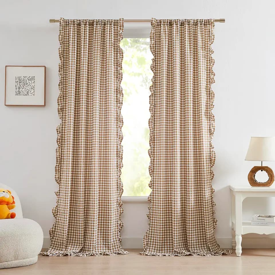 ZJDECOR Brown White Buffalo Plaid Crinkle Curtain Panels 95 Inches Length