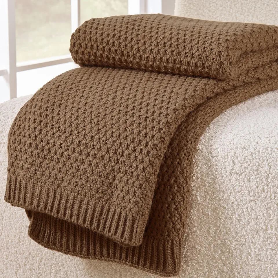 Light Brown Throw Blanket, Moss Knit, 50" x 60", Camel Brown