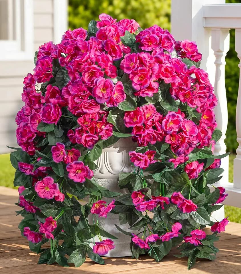 Artificial Geraniums Flowers Faux Plants for Outdoors Outside Spring Decor, 2 PCS UV Resistant Fake Silk Hanging Flowers Long Trailing Vines Look Real for Outdoor Planters Patio Porch Garden, Fuchsia