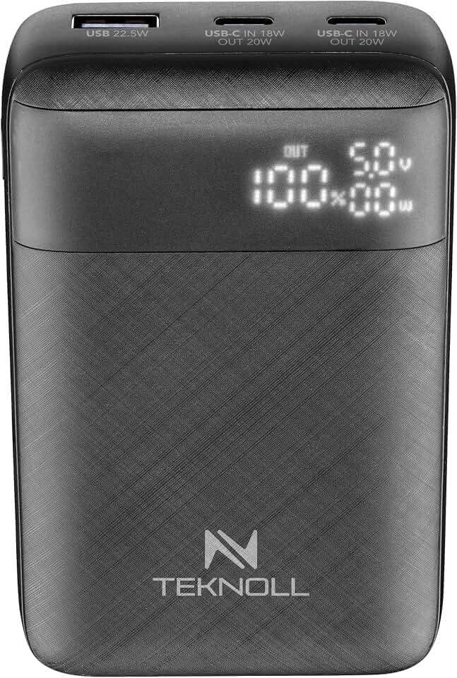 Powerbank 10000mAh mit Power Delivery, 2X USB-C EIN/Ausgang 20W PD, 1x USB-A Ausgang 22.5W, LED-Batteriestatusanzeige, Schnellladung, Kompatibel mit iOS und Android Smartphones, Schwarz
