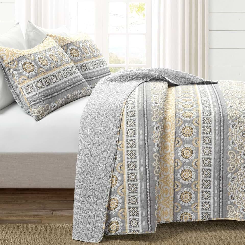 Lush Decor Nesco Stripe Quilt Queen Size 3 Piece Set Full/Queen Yellow & Gray - Striped Bedding Set Queen Quilt - Yellow Quilts - Boho Bedroom Decor