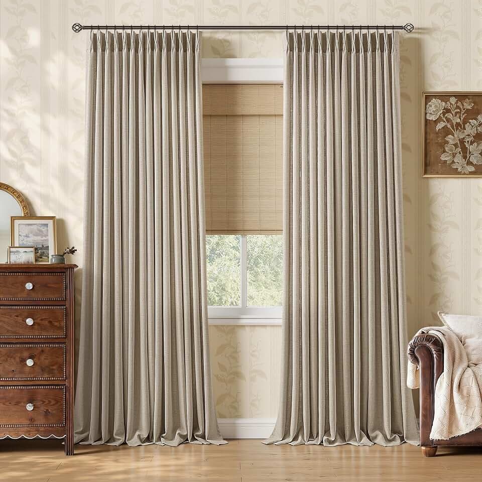 Dark Taupe Pinch Pleated Semi Sheer Flax Linen Curtains 102 Inches Long