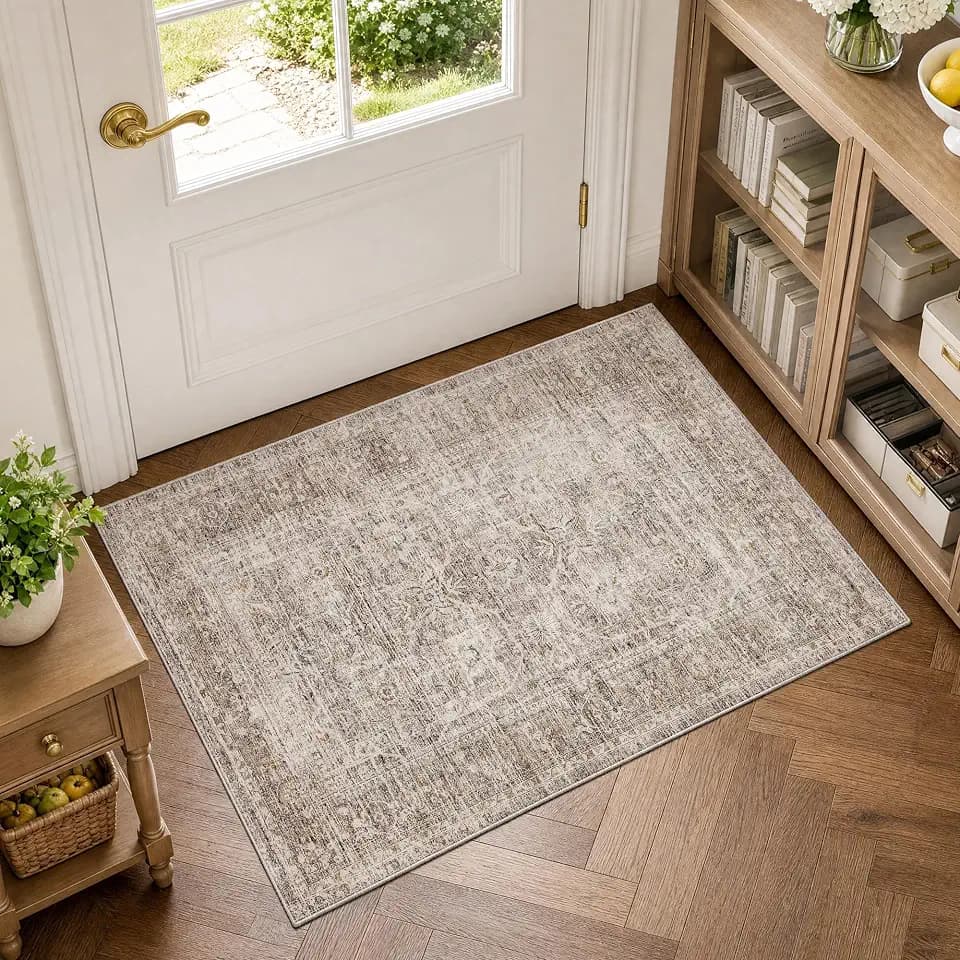 FMFUNCTEX 2x3 Washable Taupe Vintage Distressed Retro Indoor Entryway Rug