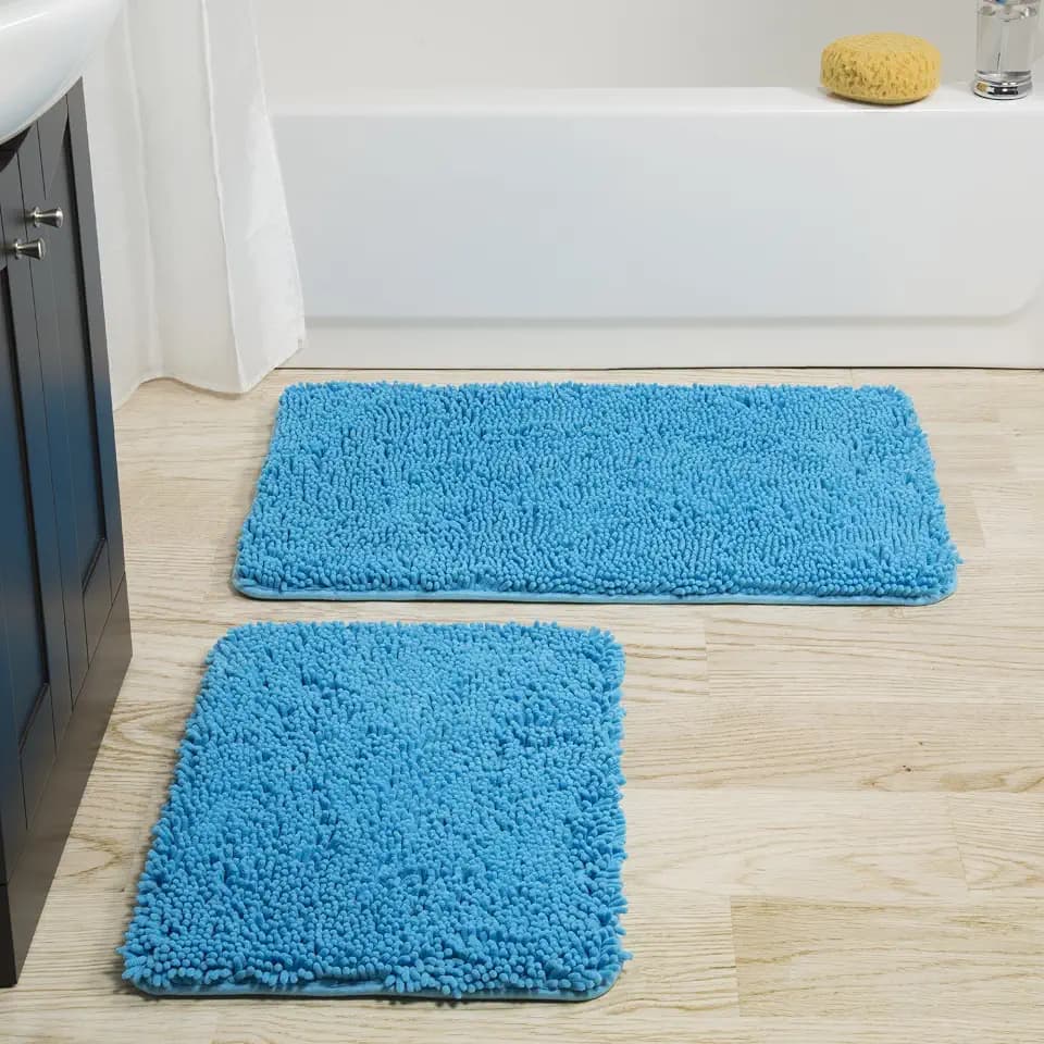 2 Piece Bathroom Rug Set - 32x21 Inch and 24x17 Inch Memory Foam Bath Mats with Chenille Shag Top for Stylish Bathroom Decor - Machine Washable Bath Rugs Set of 2 by Bedford Home (Blue)