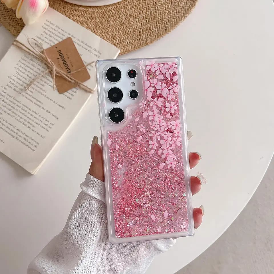 Compatible with Samsung Galaxy S24 Ultra Glitter Case Bling Sparkle Luxury Liquid Floating Quicksand Case Women Girls Slim Soft TPU Cute Flower Protective Transparent Cover, Cherry Blossom
