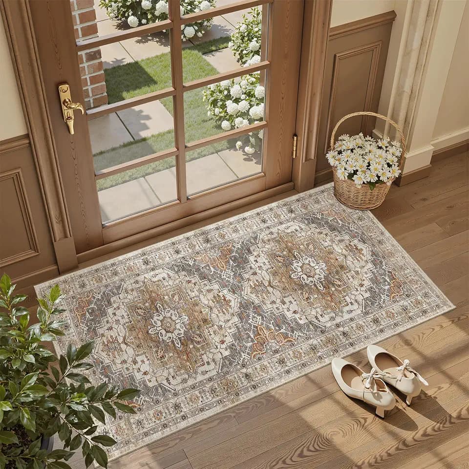 Madane Washable Area Rug 2x4, Small Entryway Rugs Non-Slip, Turmeric/Grey