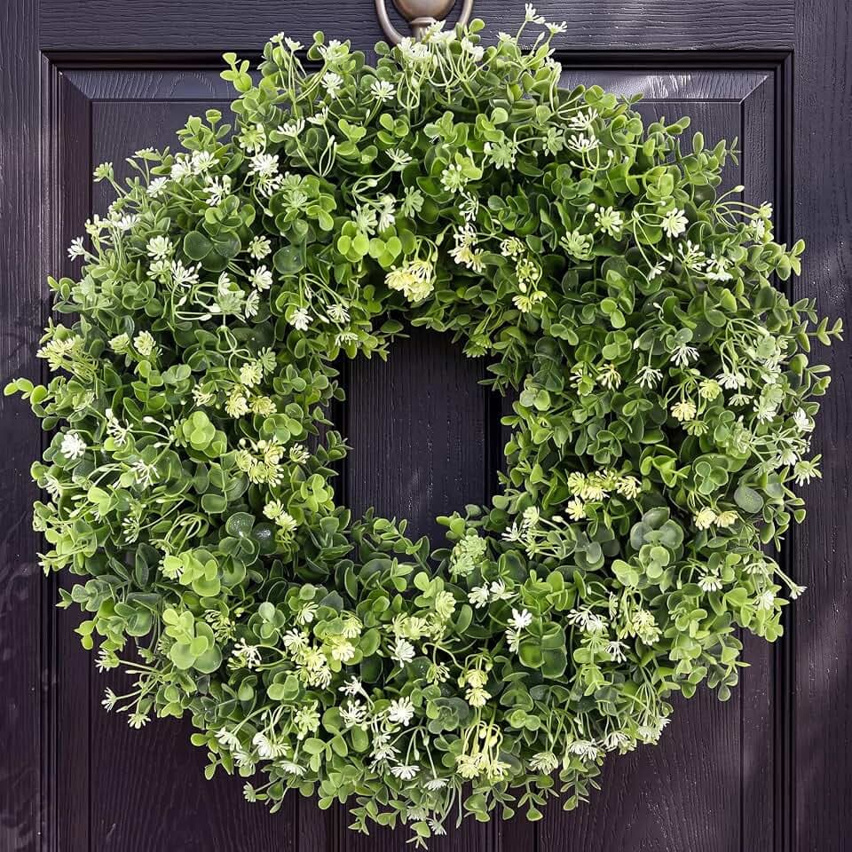 20" Boxwood Wreaths for Front Door, Green Wreath for Ourside All Season
