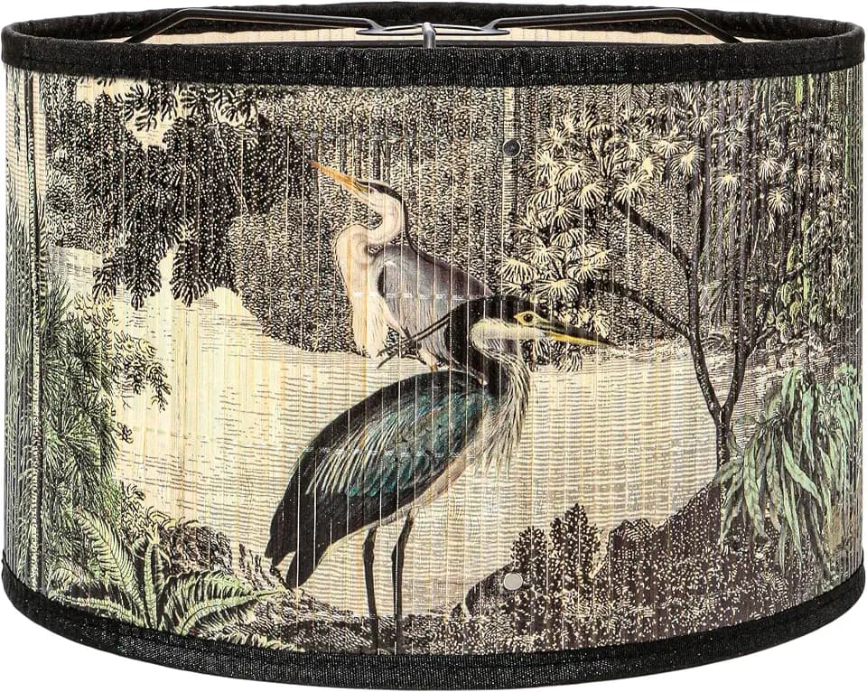 Printed Lampshade Retro Art Deco Lamp Shade Drum Print Chandelier Cover for E26 E27 Lampholder, Decorative Bamboo Lampshade for Floor Table Hanging Light, 11.8 x 7.9 Inch Vintage Japanese Tropical