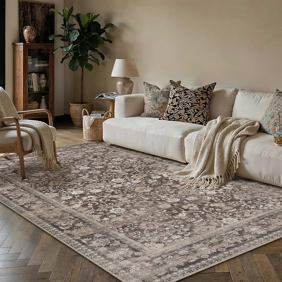 HUGEAR 3x5 Coffee Brown Vintage Floral Washable Area Rug for Entryway