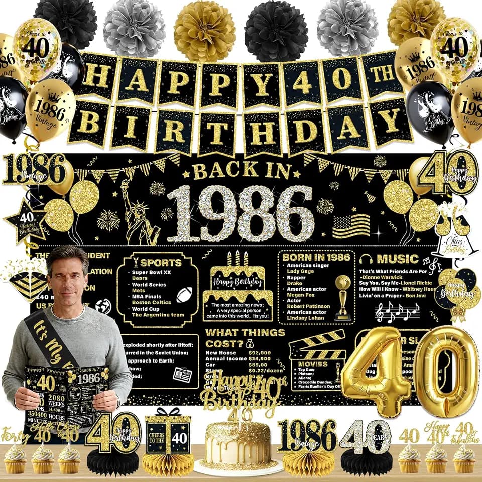 40th Birthday Decorations for Men Black Gold, 63PCS 40th Birthday Party Supplies Includes Banner, Backdrop, Balloons, Hanging Swirls for 40 Year Old Birthday Party Decorations Gifts for Him
