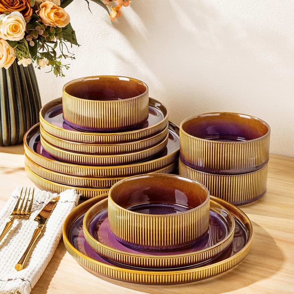 TheTerra Ceramic Dinnerware Set for 4, 12-Piece Plates and Bowls Set