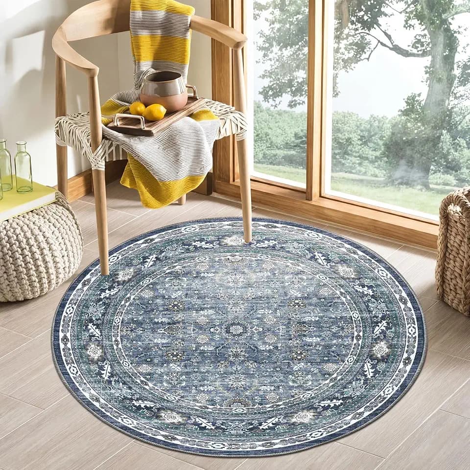 OPPODREAM Vintage Blue Area Rugs 4' Round, Washable Rug for Living Room