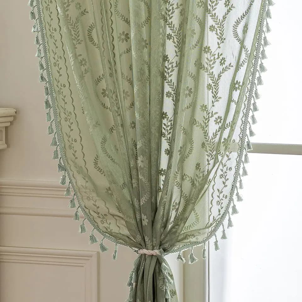 WAZZIO Boho Lace Curtains 2 Panels 63 Inch -Vintage Victorian Sheer Panel Drape French Country Floral Pattern & Tassel Light Filtering Privacy for Bedroom Dining Living Room,Light Sage Green,W52x L63