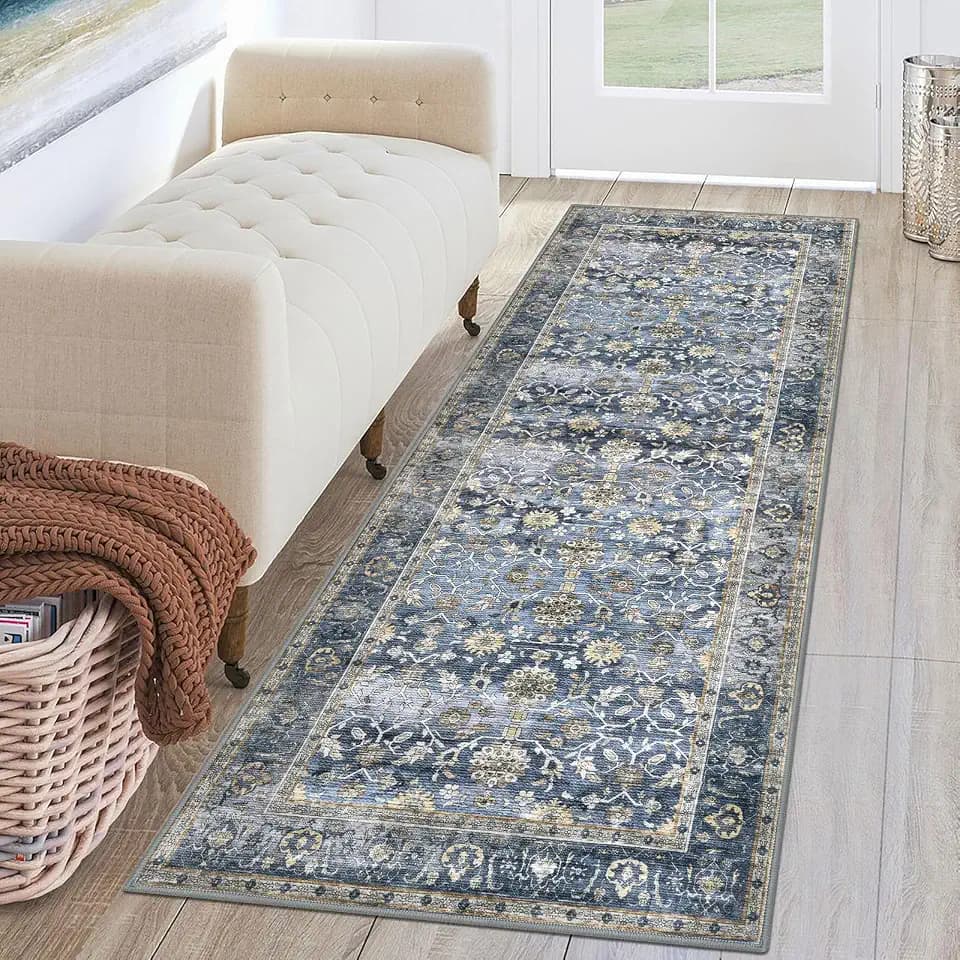 KUTA Vintage Washable Runner Rug, 2x6 Blue Grey Beige Hallway Runner