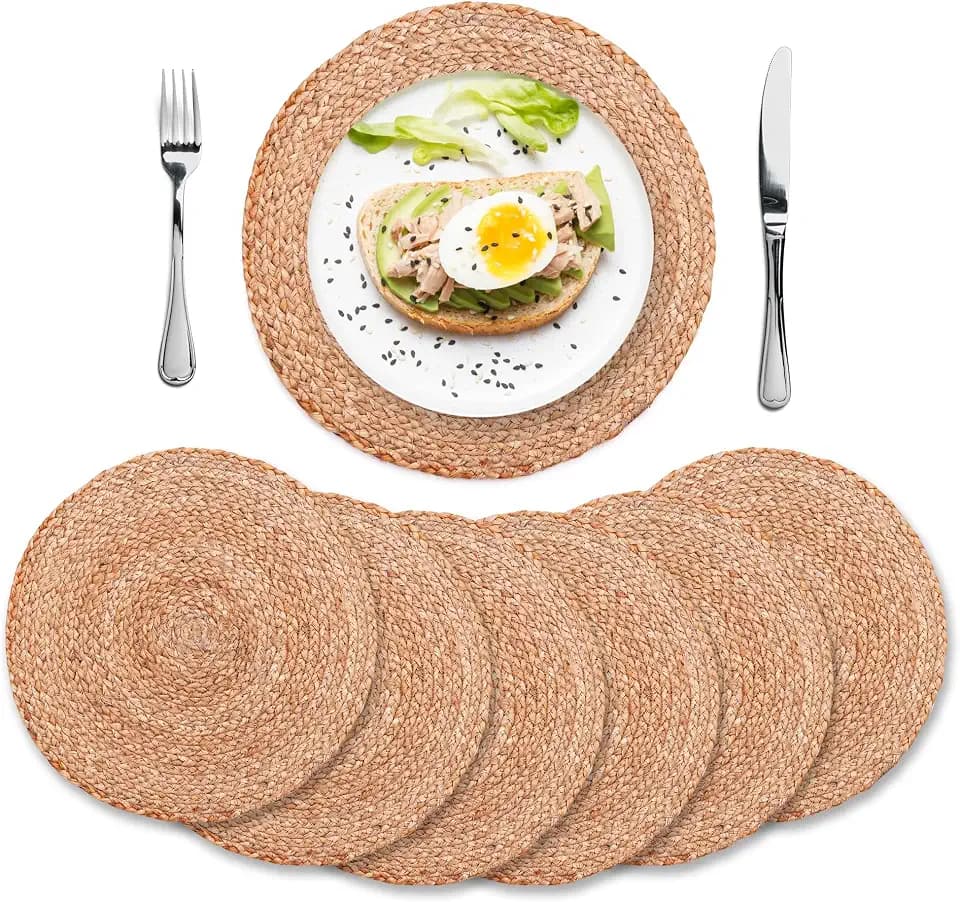 Eco Crave Natural Jute Placemats Set of 6, Round Woven Table Mats, 13 Inch Rattan Charger Plates for Dinner, Boho Farmhouse Braided Place Mats