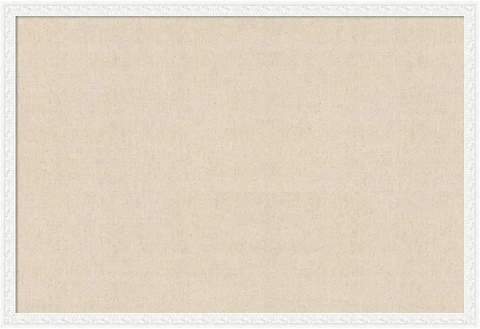 Kate and Laurel Framed Fabric Magnetic Board 38 x 26, Neutral Weave Printed Linen Traditional Bulletin Board for Use as a Vision Board or Wall Organization, Bethany White Frame