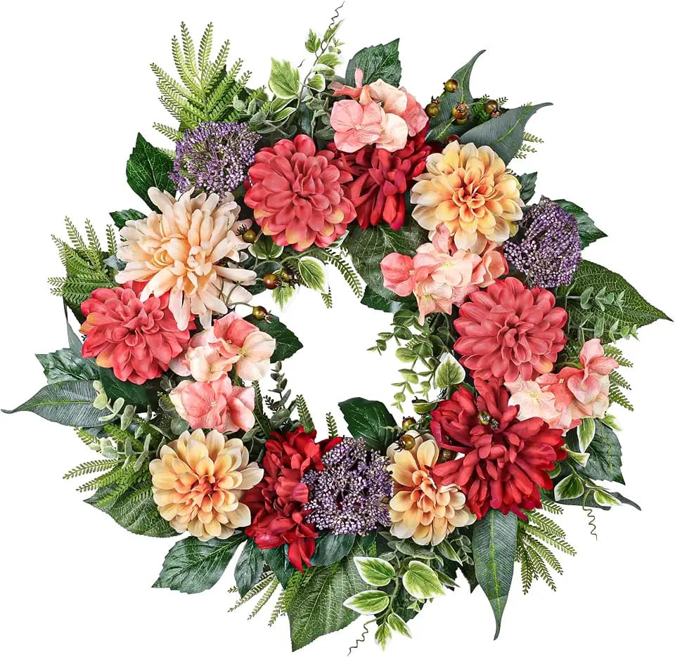 24-Inch Spring Wreath for Front Door with Hydrangeas Dahlias Daisy Silk Flowers and Berry Greenery for All Seasons Indoor Outdoor Wedding Farmhouse Porch Wall Living Room Home Wedding Decor