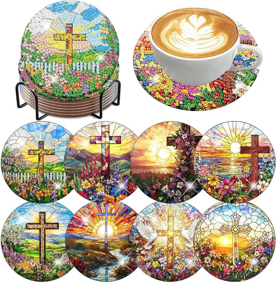 HHMATITS 8 Pcs Christ Cross Diamond Art Coasters 4X4 Inch