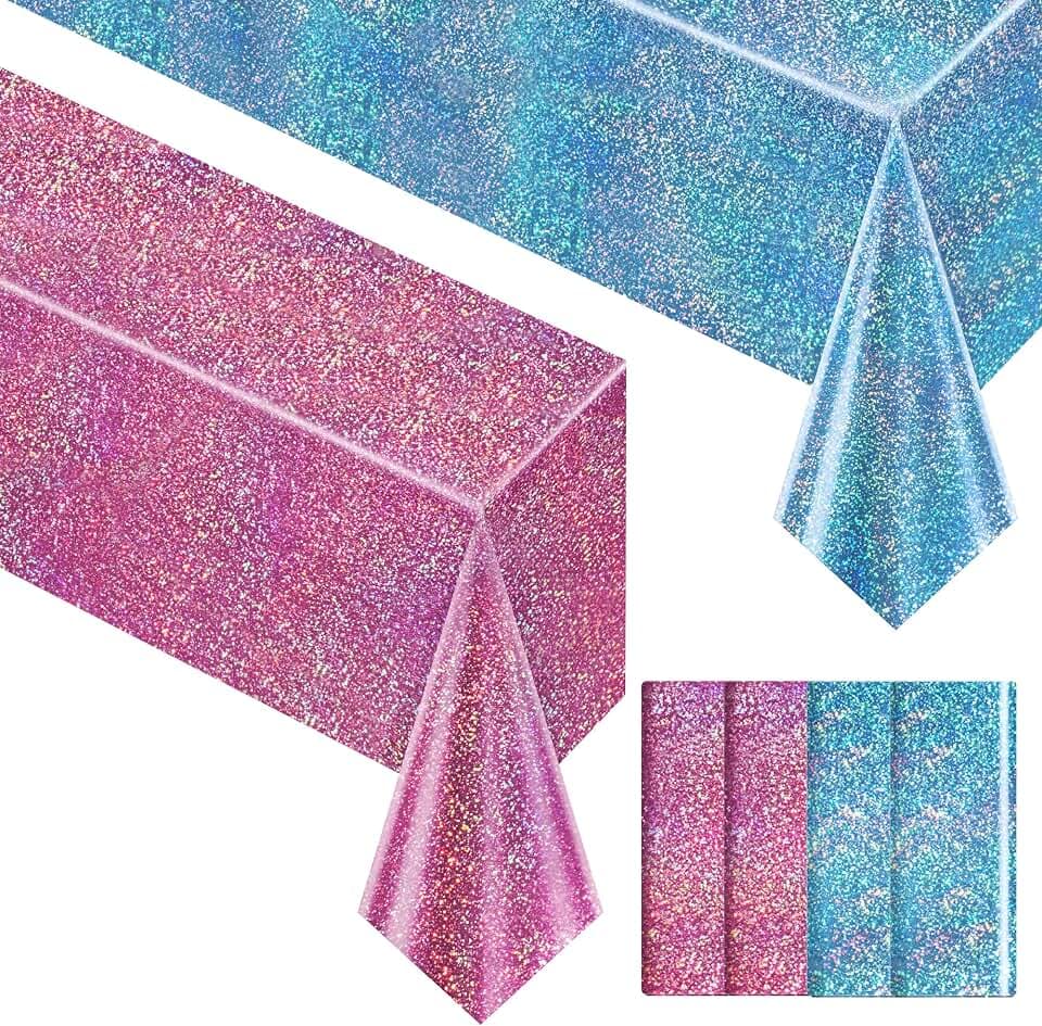 Just Shimmer 4 Pack Pink and Blue Holographic Tablecloths, 2 Pink and 2 Blue, 40 x 108 Iridescent Rectangle Table Covers for Gender Reveal, Baby Shower, Birthday and Mermaid Ocean Party Decorations