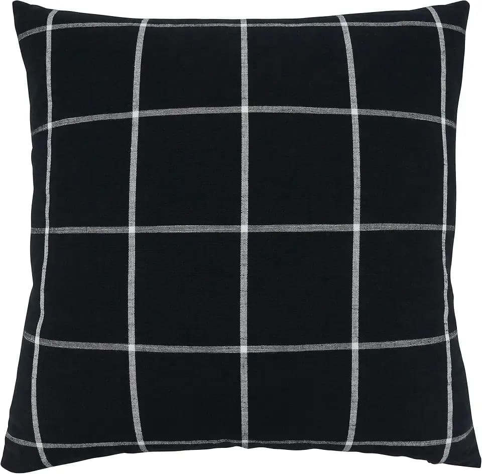 SARO LIFESTYLE Hester Collection Large Plaid Pillow Cover, 20", Black