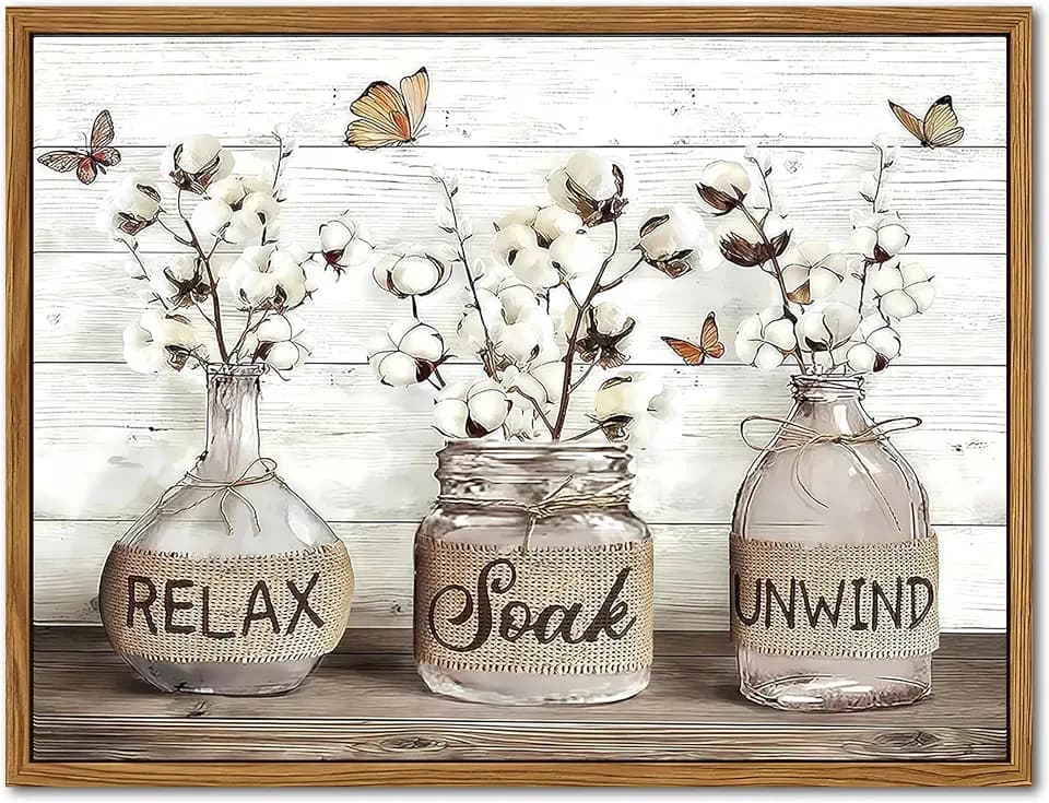 Framed Farmhouse Bathroom Decor Wall Art, Rustic Cotton Pictures Canvas Wall Decor Paintings, Modern Country Relax Soak Unwind Sign Artwork Posters Prints for Bathroom 12x16 Inch