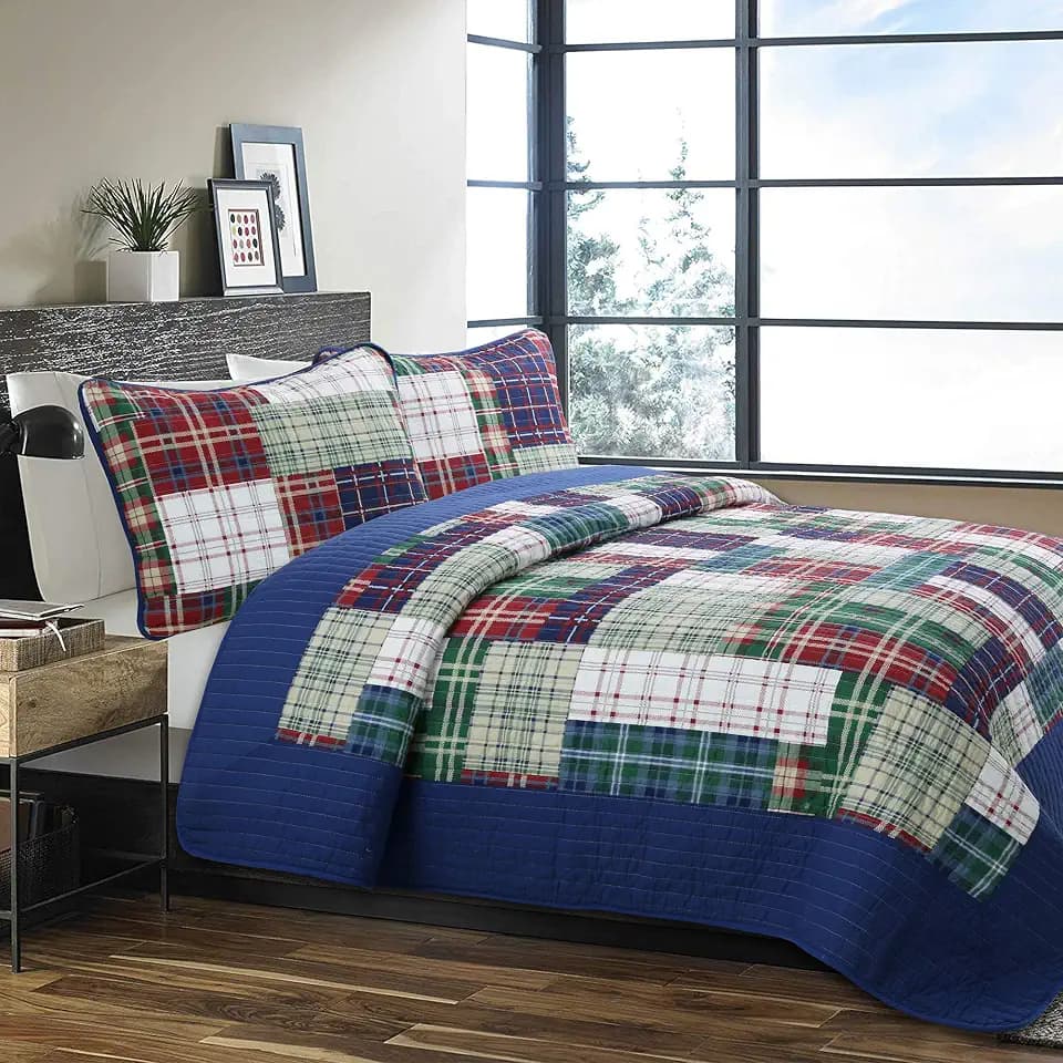 Cozy Line Home Fashions Navy Blue Green Red Plaid 100% Cotton Quilt Bedding Set, Reversible Coverlet, Bedspread (England Patchwork, Twin - 2 Piece)