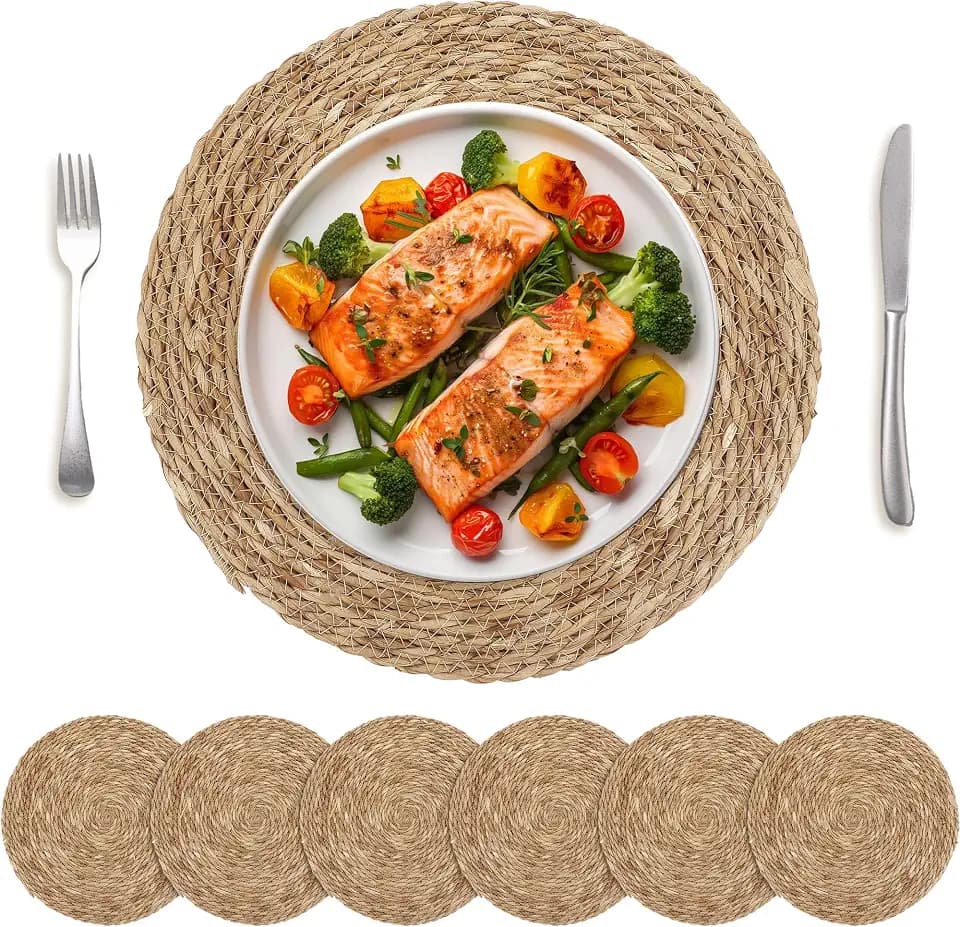 Kochorie 6 Pcs Round Woven Placemats 15 Inch Rattan Table Charger Plates