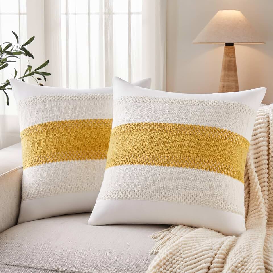 2pk Boho Pillow Covers 24x24, Natural White/Contrast/Mustard Yellow