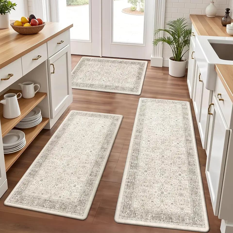 Pauwer Anti Fatigue Kitchen Floor Mats Set of 3, Cushioned Rugs, Khaki