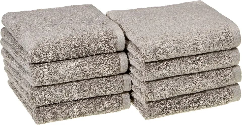 Amazon Basics 100% Cotton Lightweight Quick-Dry Hand Towel, 28" x 16", Platinum, 8-Pack