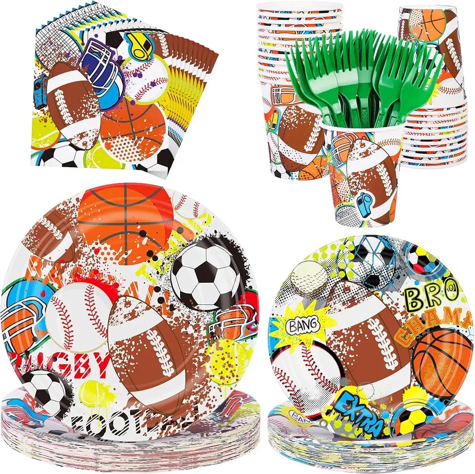 Kochorie 144 Pieces Sports Party Supplies, Sports Tableware Sets Including Disposable Paper Plates Napkins Cups Forks Serves 24 for Birthday Rugby Baseball Basketball Soccer Party Decorations