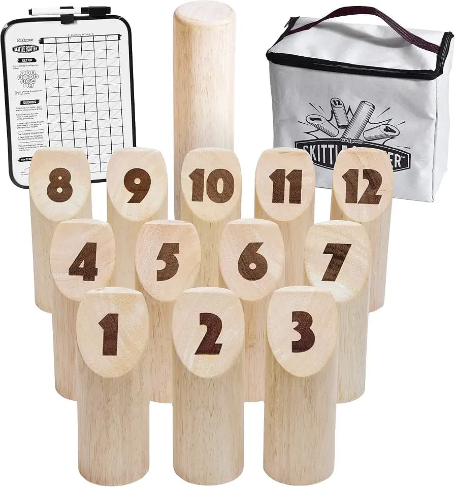 GoSports Skittle Scatter Numbered Block Toss Game with Scoreboard and Tote Bag