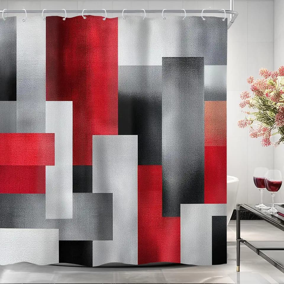Black Red Shower Curtain Abstract Modern Grey Block Gray Bathroom Decor
