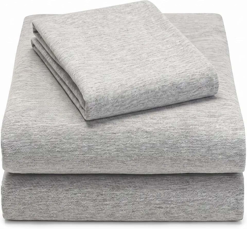 Twin XL Cotton Knit Jersey Sheet Set, 15" Deep Pocket, Light Heather Grey